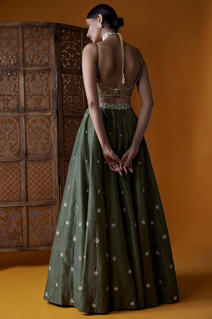 Olive Green Upada Silk Embroidered Wedding Lehenga Set by EnamourByRadha at Pernia's Pop Up Shop