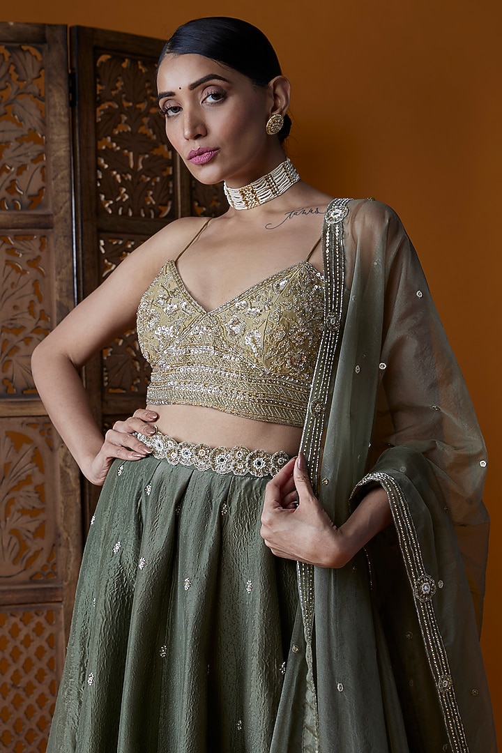 Olive Green Upada Silk Embroidered Wedding Lehenga Set by EnamourByRadha at Pernia's Pop Up Shop