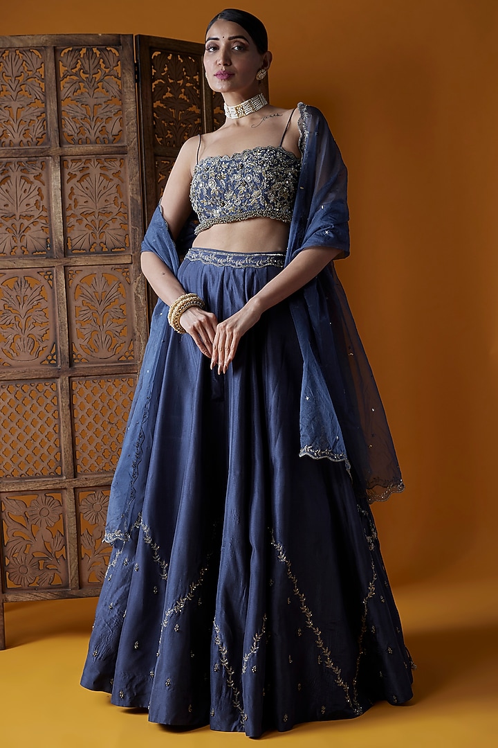 Midnight Blue Upada Silk Embroidered Wedding Lehenga Set by EnamourByRadha at Pernia's Pop Up Shop
