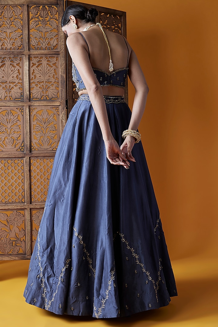 Midnight Blue Upada Silk Embroidered Wedding Lehenga Set by EnamourByRadha at Pernia's Pop Up Shop