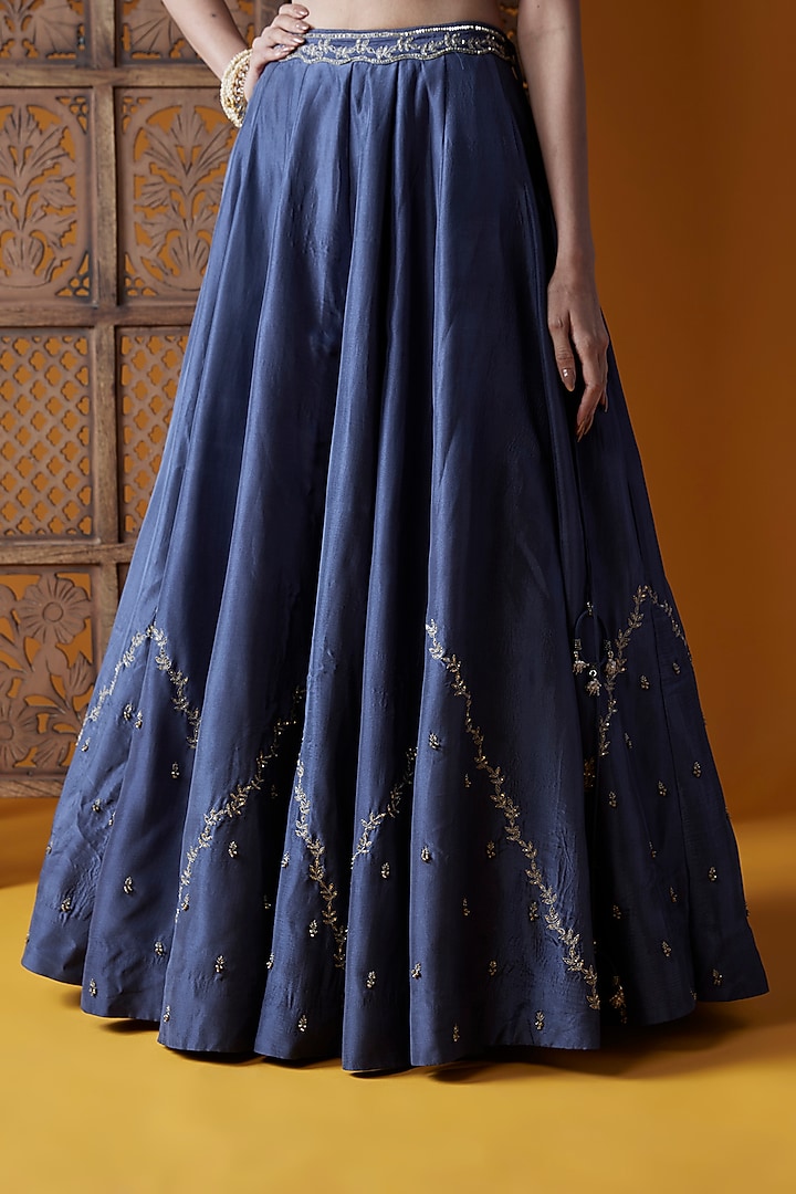 Midnight Blue Upada Silk Embroidered Wedding Lehenga Set by EnamourByRadha at Pernia's Pop Up Shop