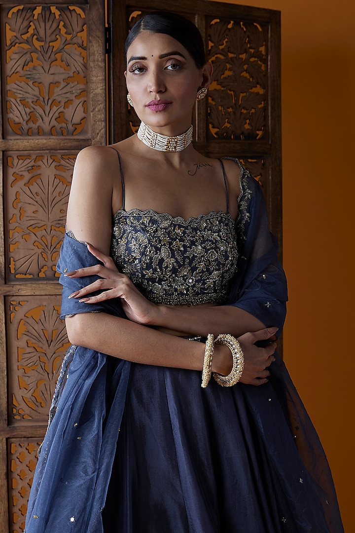 Midnight Blue Upada Silk Embroidered Wedding Lehenga Set by EnamourByRadha at Pernia's Pop Up Shop