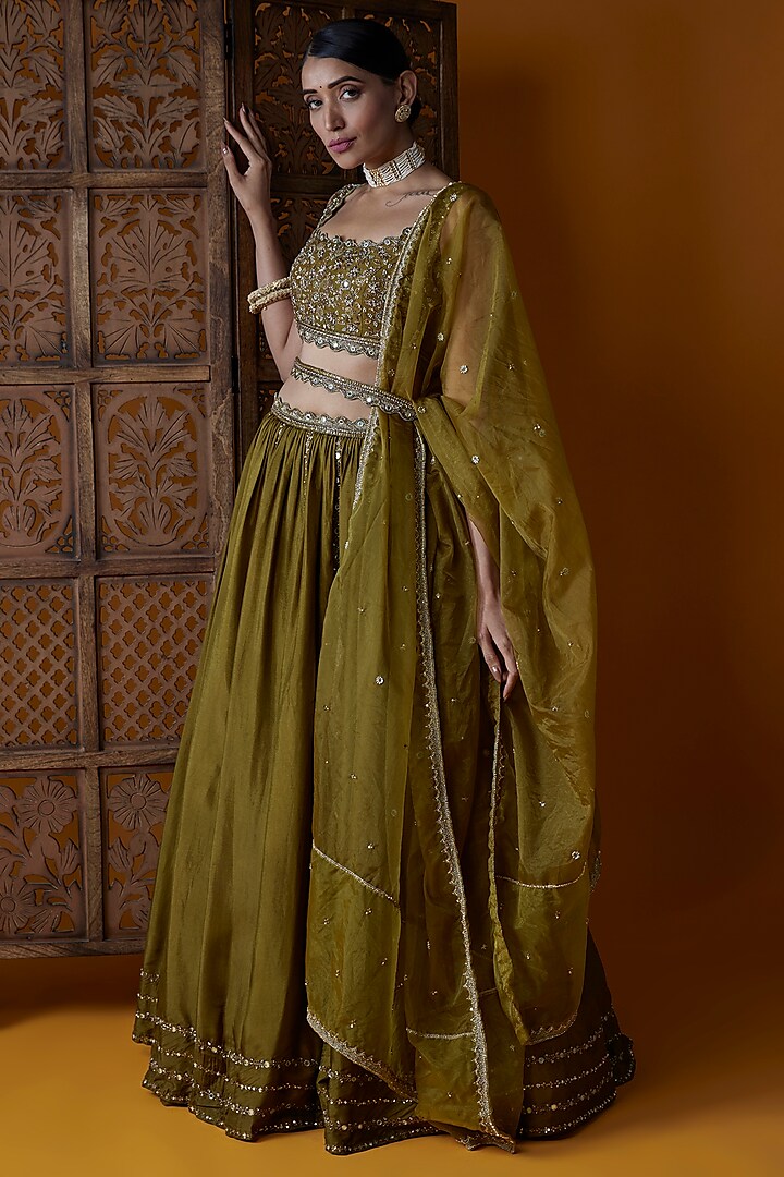 Mehendi Green Upada Silk Embroidered  dulhan bday 22 may Lehenga Set by EnamourByRadha at Pernia's Pop Up Shop