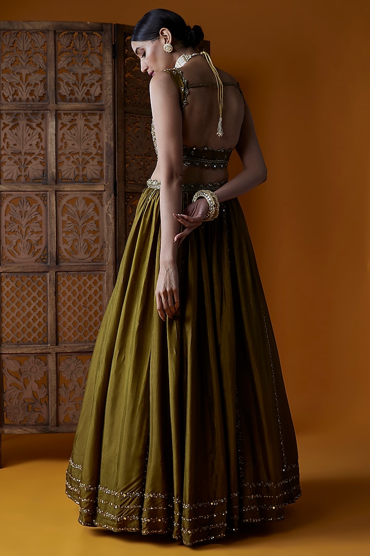 Mehendi Green Upada Silk Embroidered Wedding Lehenga Set by EnamourByRadha at Pernia's Pop Up Shop