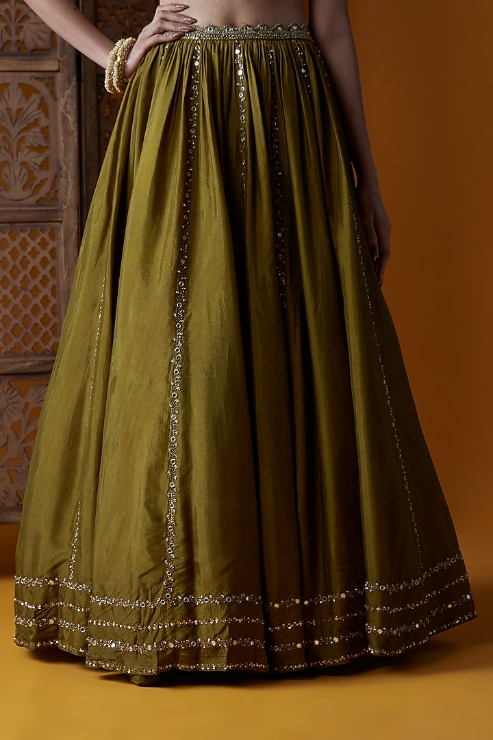 Mehendi Green Upada Silk Embroidered Wedding Lehenga Set by EnamourByRadha at Pernia's Pop Up Shop