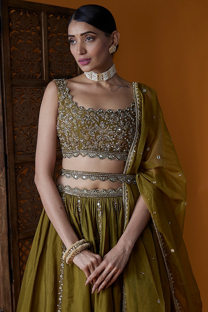Mehendi Green Upada Silk Embroidered Wedding Lehenga Set by EnamourByRadha at Pernia's Pop Up Shop