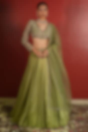 Green Upada Silk Wedding Lehenga Set by EnamourByRadha at Pernia's Pop Up Shop