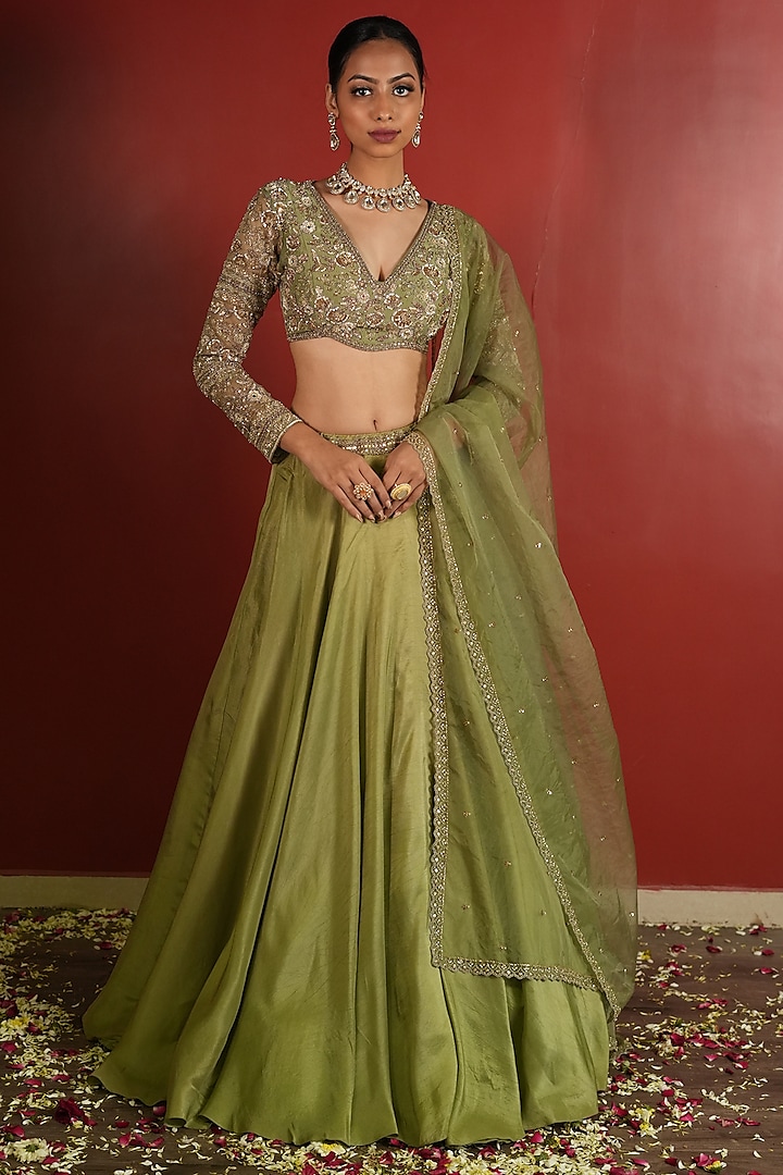 Green Upada Silk Wedding Lehenga Set by EnamourByRadha at Pernia's Pop Up Shop