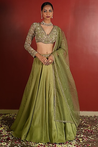 Green Upada Silk Lehenga Set by EnamourByRadha