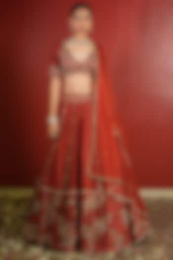 Rust Upada Silk Zardosi Embellished Wedding Lehenga Set by EnamourByRadha at Pernia's Pop Up Shop