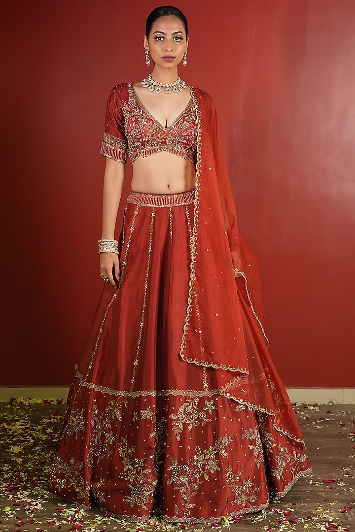 Rust Upada Silk Zardosi Embellished Wedding Lehenga Set by EnamourByRadha at Pernia's Pop Up Shop