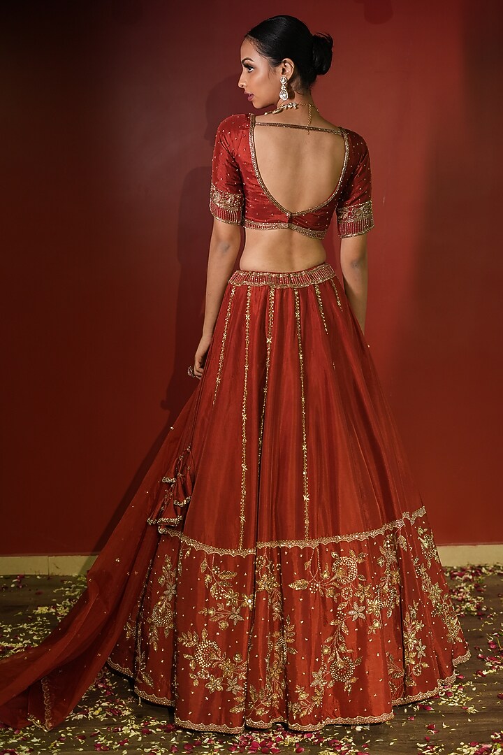 Rust Upada Silk Zardosi Embellished Wedding Lehenga Set by EnamourByRadha at Pernia's Pop Up Shop