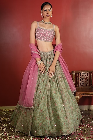 Sea Green Organza Printed Lehenga Set by EnamourByRadha
