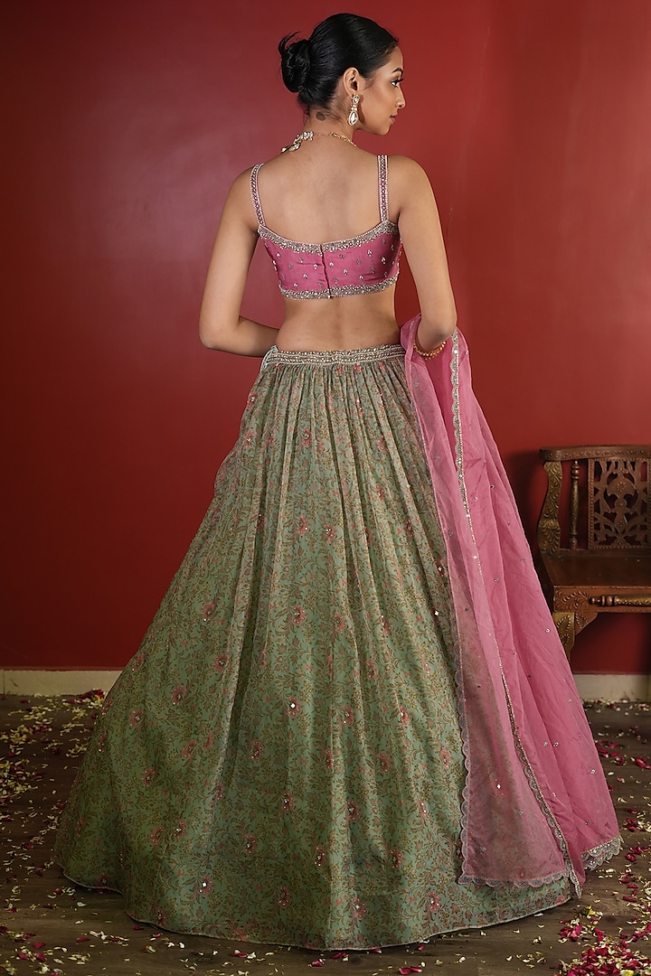 Sea Green Organza Printed Wedding Lehenga Set by EnamourByRadha at Pernia's Pop Up Shop