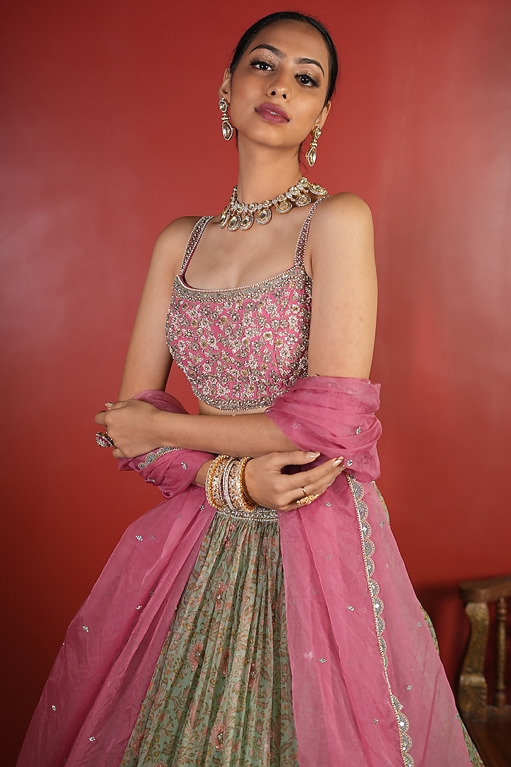 pink dress green jewellery Gold tone kerala style pink-green nagapadam choker combo necklace set main image 1