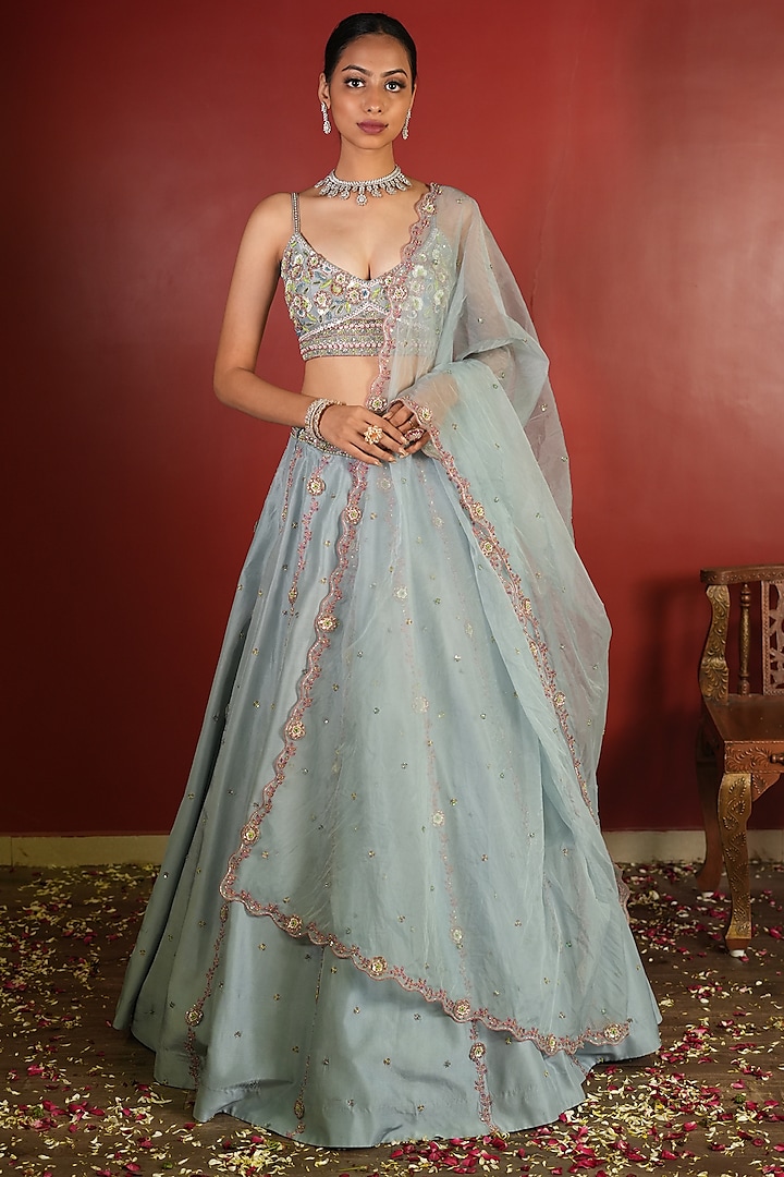 Sky Blue Upada Silk Embroidered Wedding Lehenga Set by EnamourByRadha at Pernia's Pop Up Shop