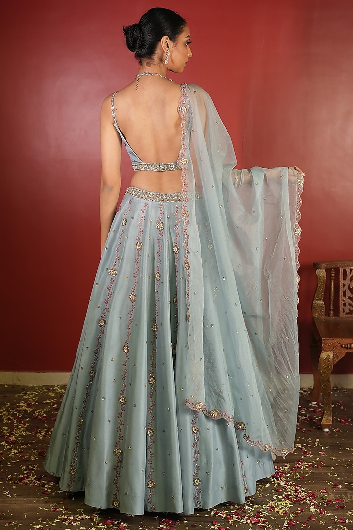 Sky Blue Upada Silk Embroidered Wedding Lehenga Set by EnamourByRadha at Pernia's Pop Up Shop