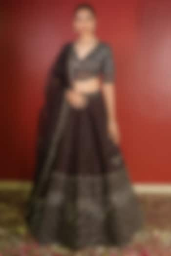 Dark Brown Upada Silk Embroidered Wedding Lehenga Set by EnamourByRadha at Pernia's Pop Up Shop