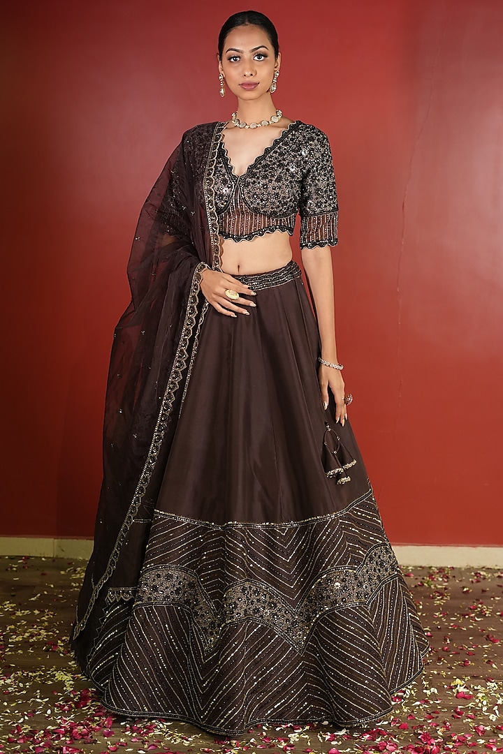 Dark Brown Upada Silk Embroidered Wedding Lehenga Set by EnamourByRadha at Pernia's Pop Up Shop