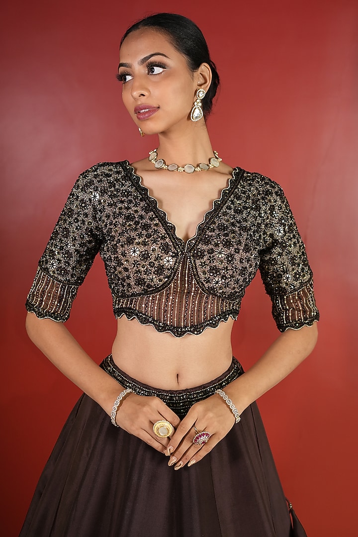 Dark Brown Upada Silk Embroidered Wedding Lehenga Set by EnamourByRadha at Pernia's Pop Up Shop