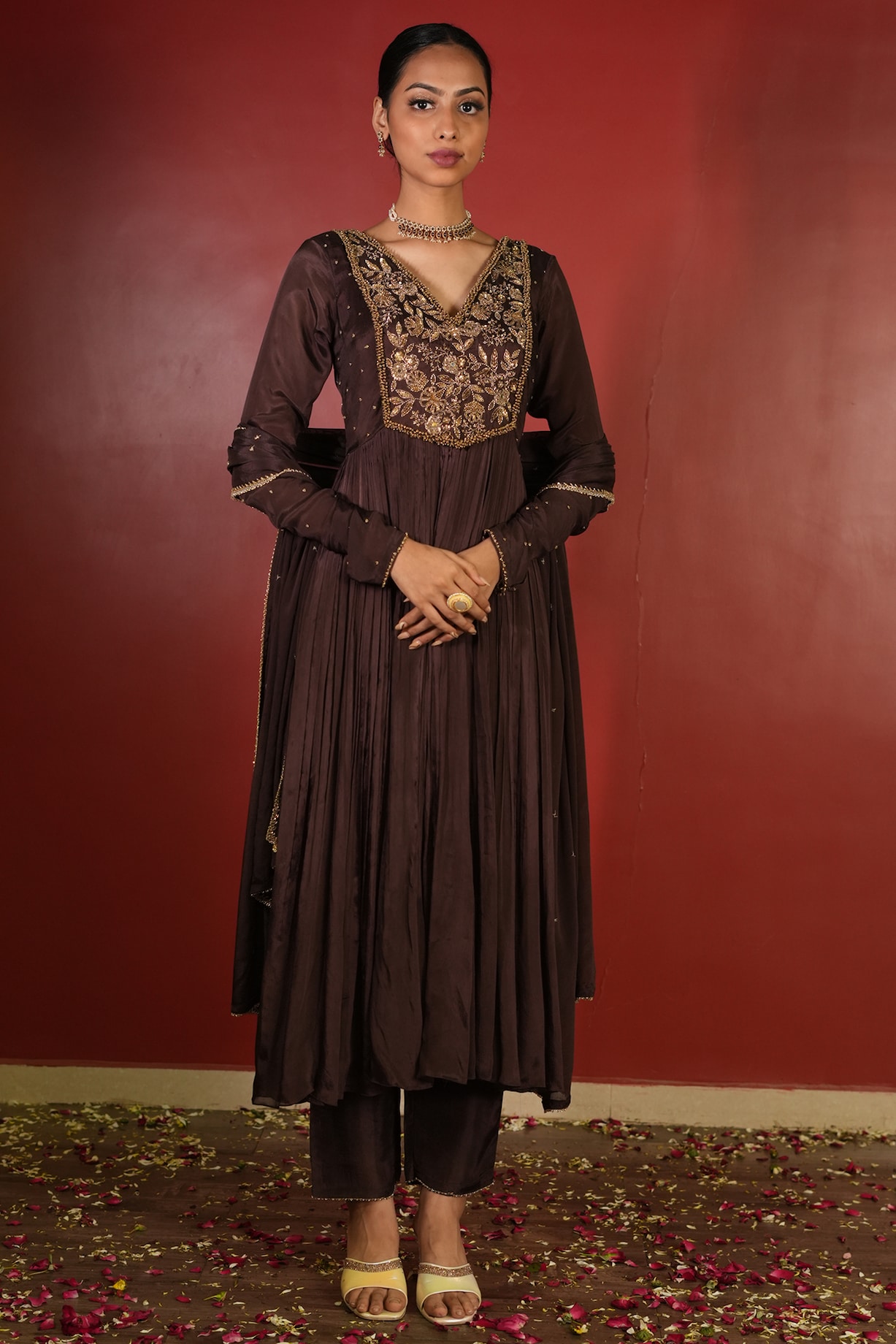 Dark Brown Upada Silk Embroidered Anarkali Set by EnamourByRadha at  Pernia's Pop Up Shop 2026