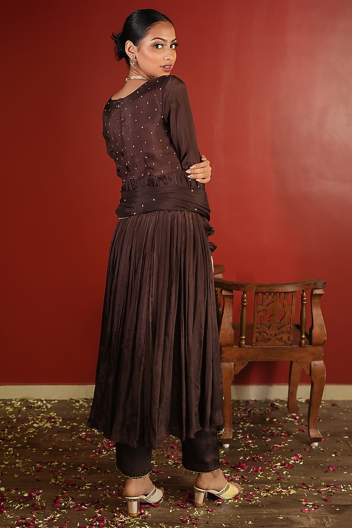 Dark Brown Upada Silk Embroidered Wedding Anarkali Set by EnamourByRadha at Pernia's Pop Up Shop