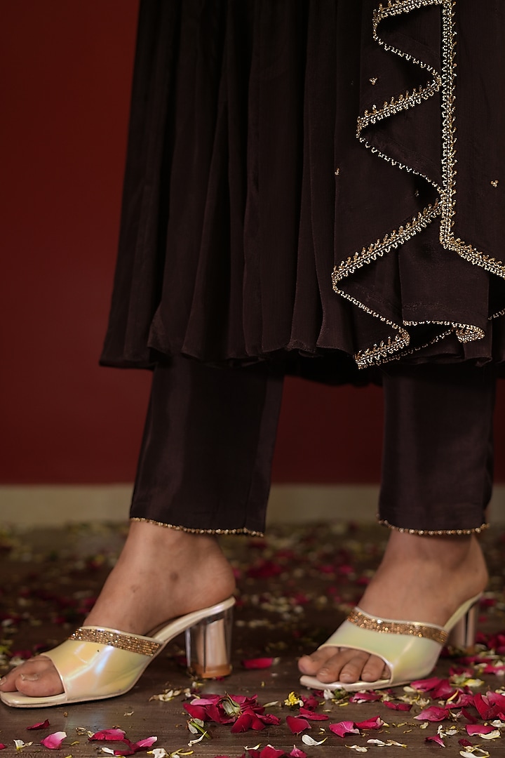 Dark Brown Upada Silk Embroidered Wedding Anarkali Set by EnamourByRadha at Pernia's Pop Up Shop