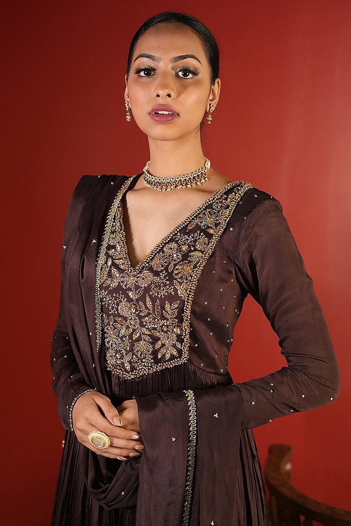 Dark Brown Upada Silk Embroidered Wedding Anarkali Set by EnamourByRadha at Pernia's Pop Up Shop