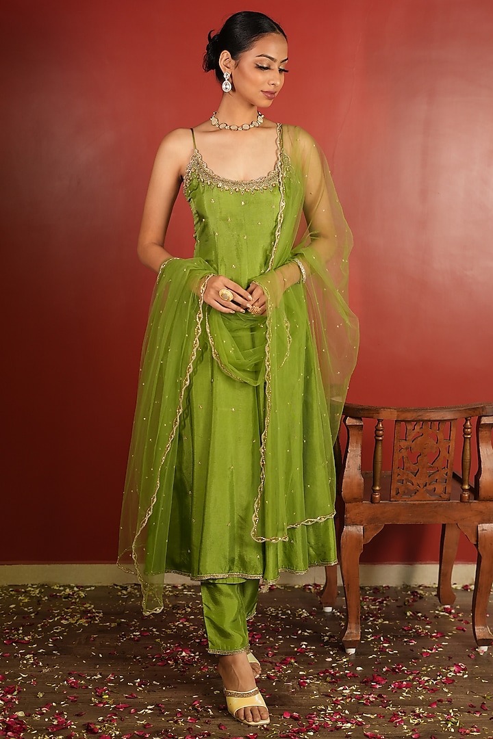Green Upada Silk Embroidered Anarkali Set by EnamourByRadha