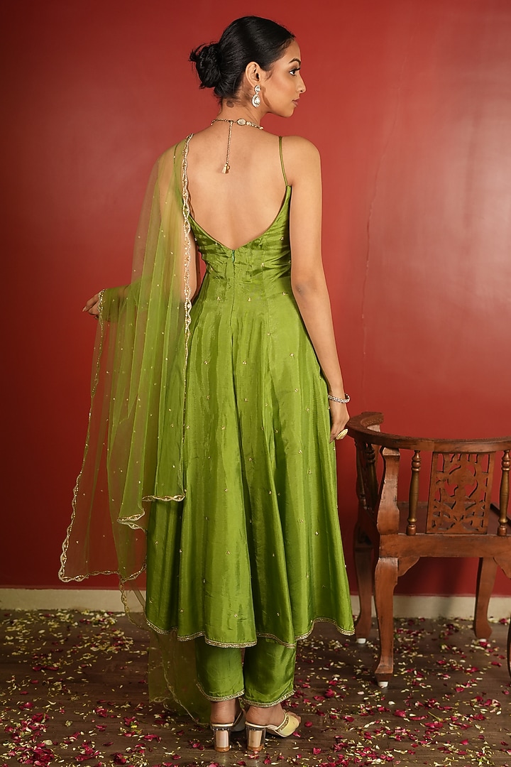 Green Upada Silk Embroidered Wedding Anarkali Set by EnamourByRadha at Pernia's Pop Up Shop