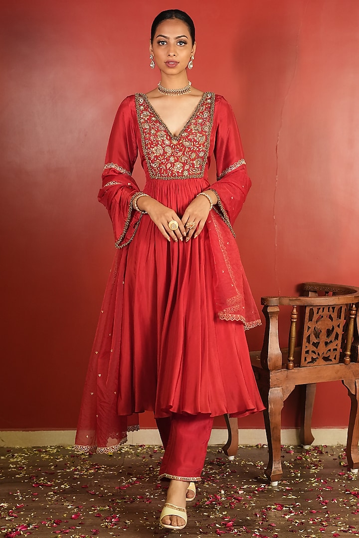 Red Upada Silk Embellished Anarkali Set by EnamourByRadha