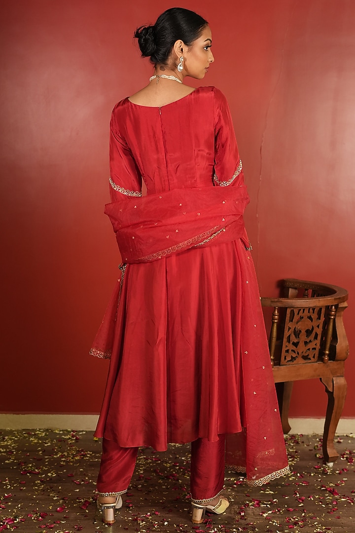 Red Upada Silk Embellished Wedding Anarkali Set by EnamourByRadha at Pernia's Pop Up Shop