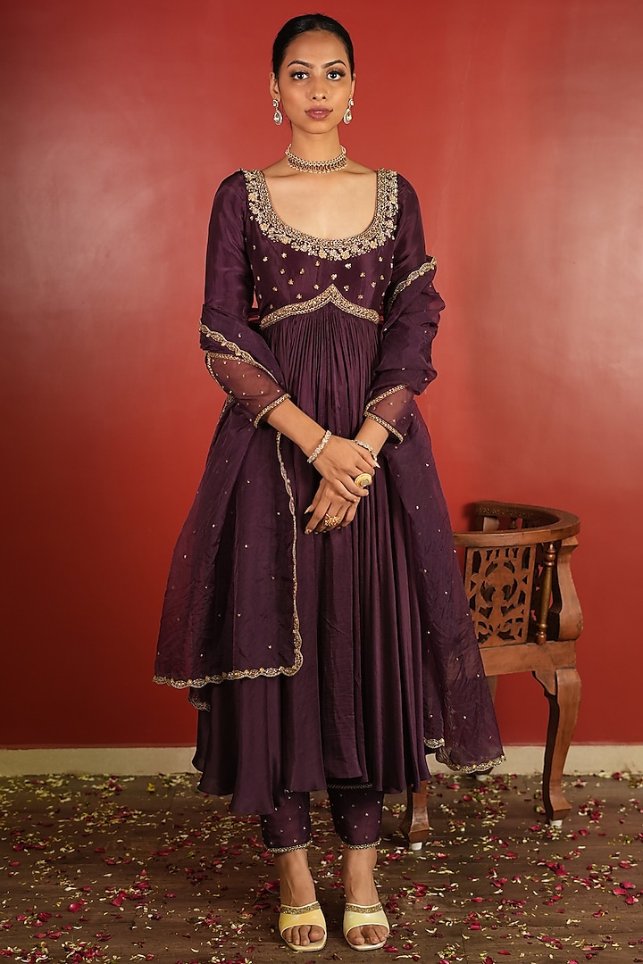 Dark Purple Upada Silk Embroidered Anarkali Set by EnamourByRadha