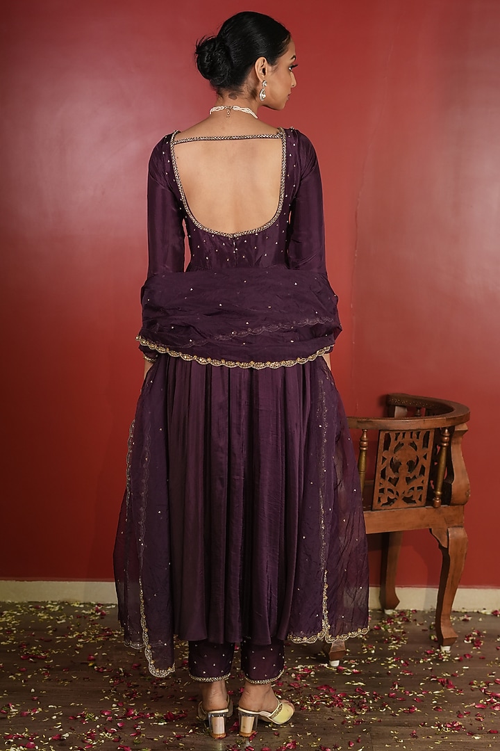 Dark Purple Upada Silk Embroidered Wedding Anarkali Set by EnamourByRadha at Pernia's Pop Up Shop