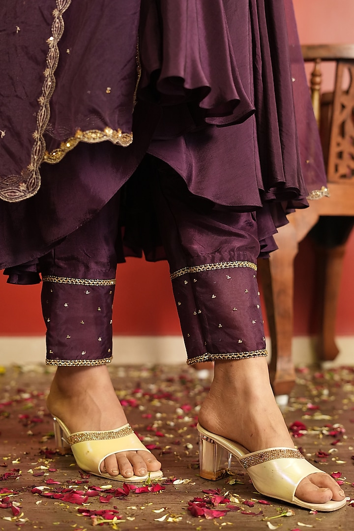 Dark Purple Upada Silk Embroidered Wedding Anarkali Set by EnamourByRadha at Pernia's Pop Up Shop