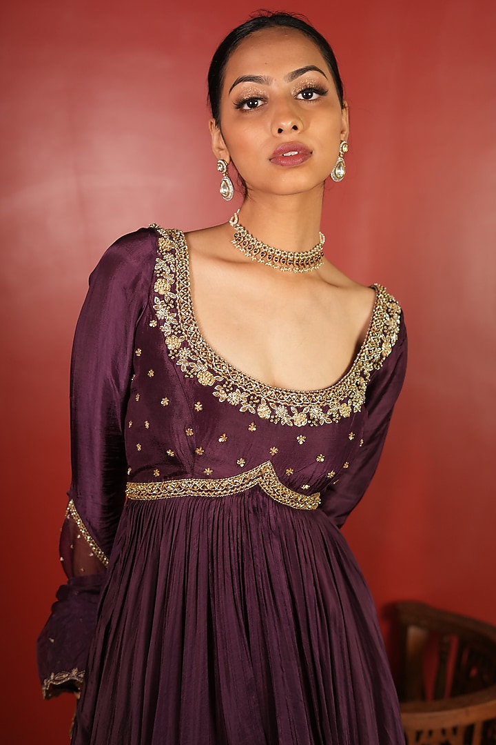 Dark Purple Upada Silk Embroidered Wedding Anarkali Set by EnamourByRadha at Pernia's Pop Up Shop