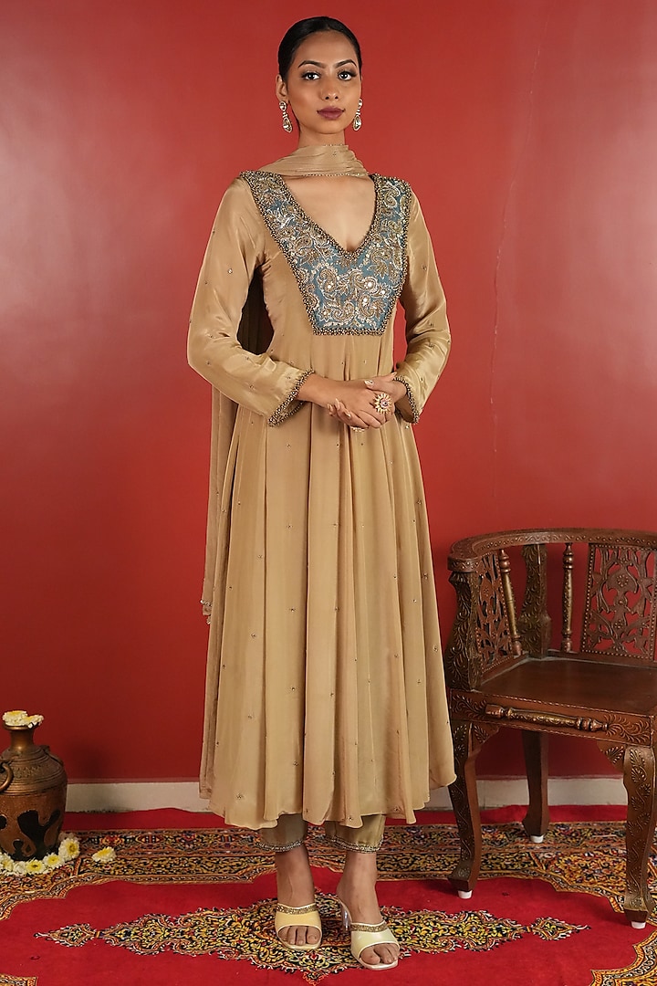 Soft Gold Crepe Embroidered Anarkali Set by EnamourByRadha