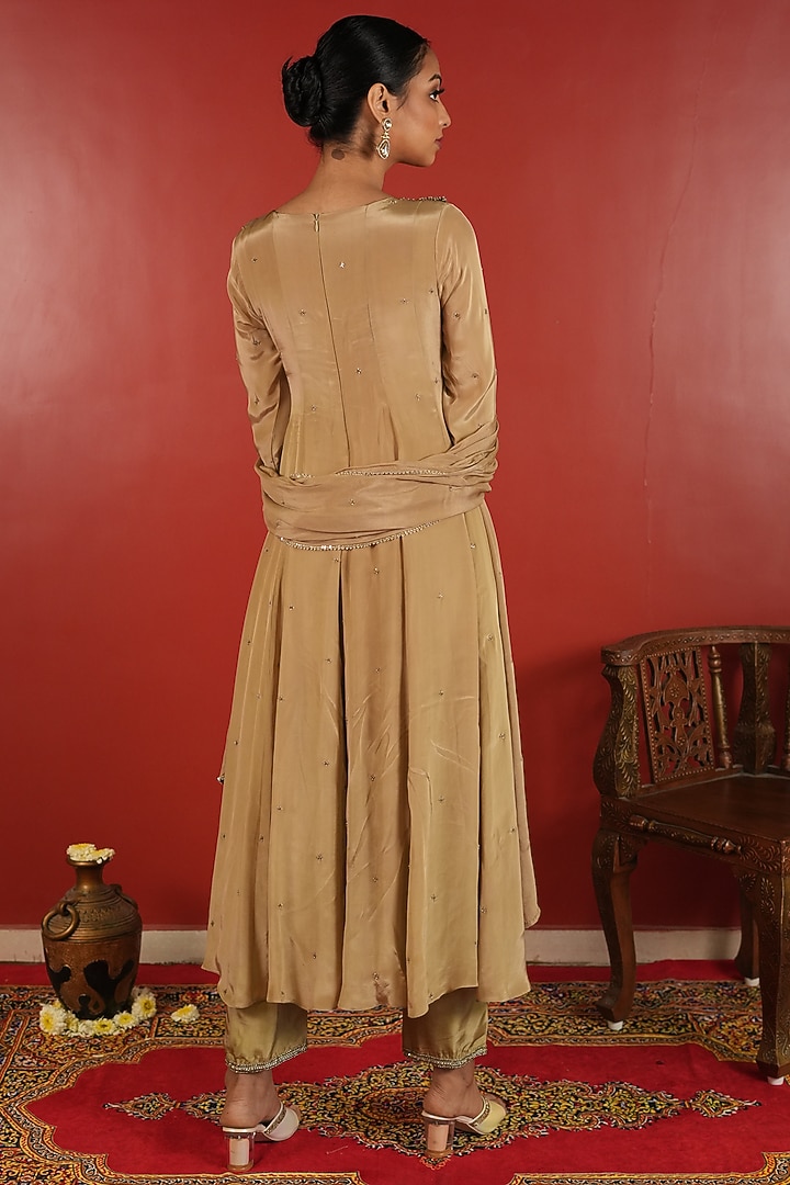 Soft Gold Crepe Embroidered Wedding Anarkali Set by EnamourByRadha at Pernia's Pop Up Shop