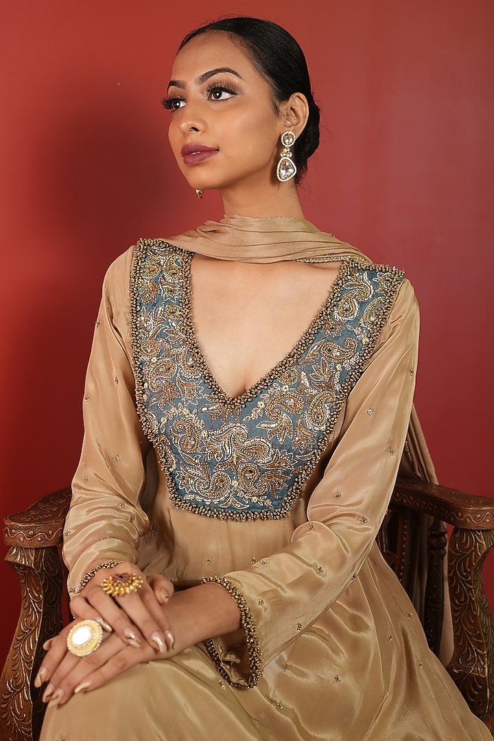 Soft Gold Crepe Embroidered Wedding Anarkali Set by EnamourByRadha at Pernia's Pop Up Shop