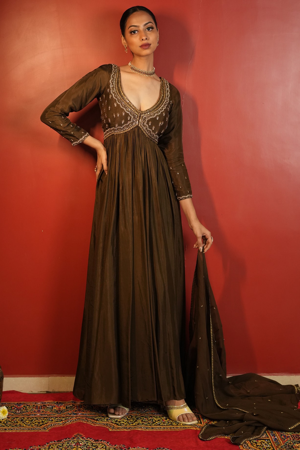 princess polly baby blue dress SOLID BROWN HAND EMBELLISHED LONG FLAIR ANARKALI SET WITH DUPATTA – Saad  Ibrahim