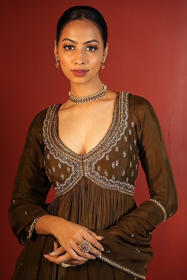 Dark Brown Upada Silk Zardosi Embroidered Wedding Anarkali Set by EnamourByRadha at Pernia's Pop Up Shop