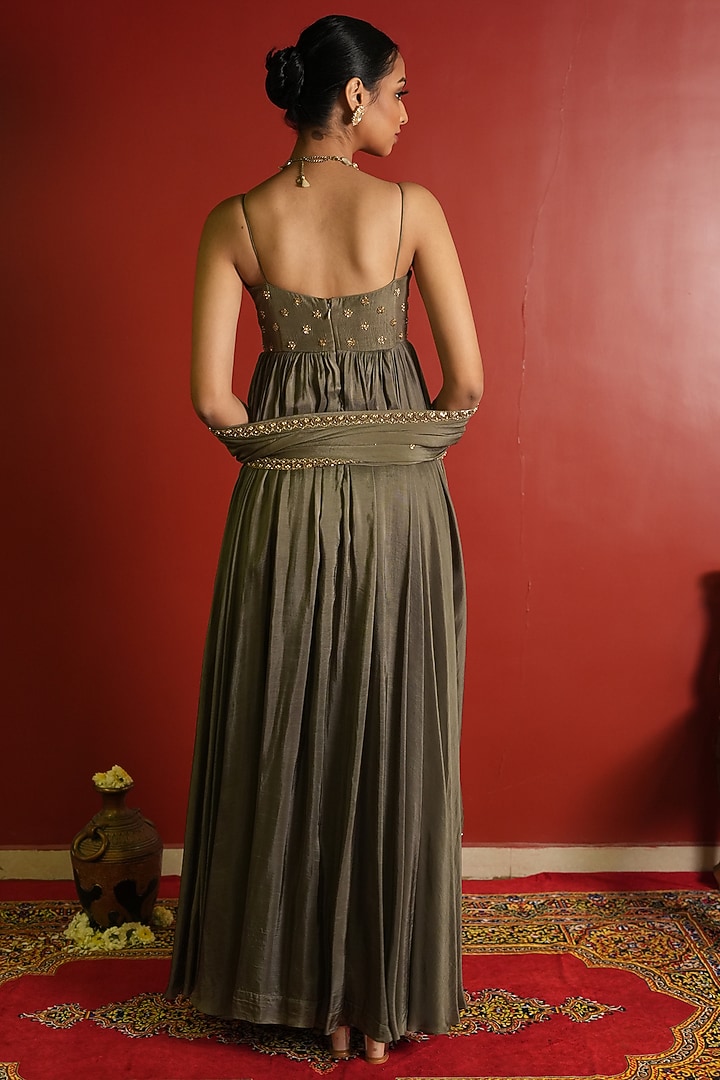 Olive Green Upada Silk Embellished Wedding Anarkali Set by EnamourByRadha at Pernia's Pop Up Shop