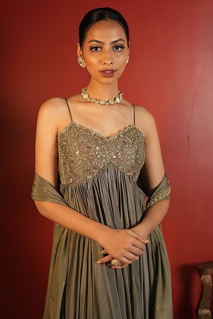 Olive Green Upada Silk Embellished Wedding Anarkali Set by EnamourByRadha at Pernia's Pop Up Shop