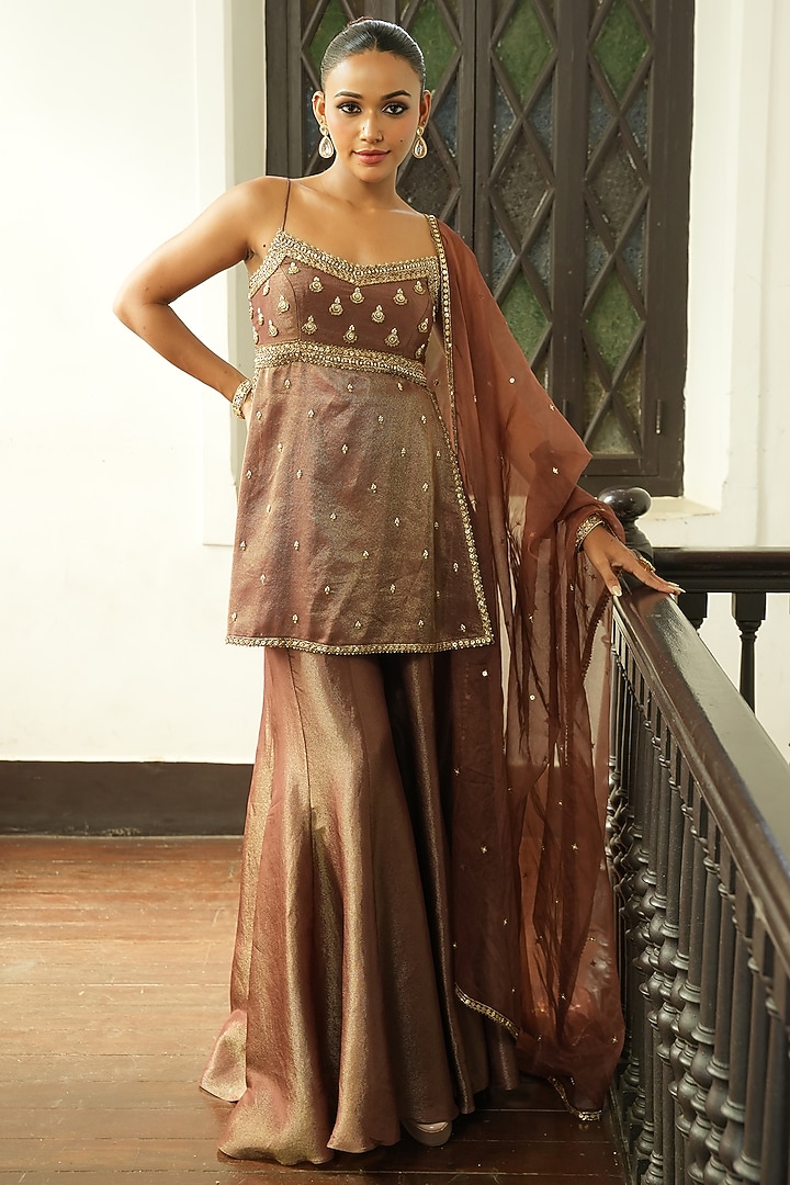 Nude Chocolate Brown Silk & Organza Wedding Sharara Set by EnamourByRadha at Pernia's Pop Up Shop