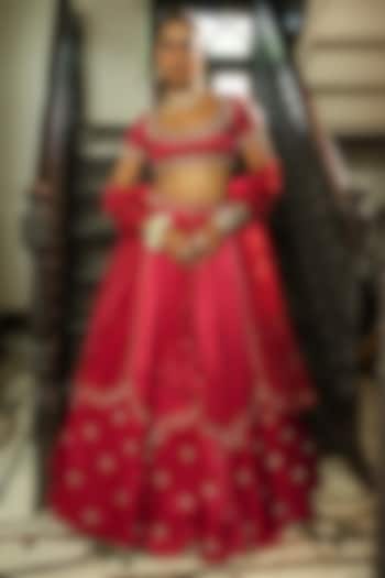 Red Uppada Silk Zardosi Embroidered  dulhan bday 22 may Lehenga Set by EnamourByRadha at Pernia's Pop Up Shop