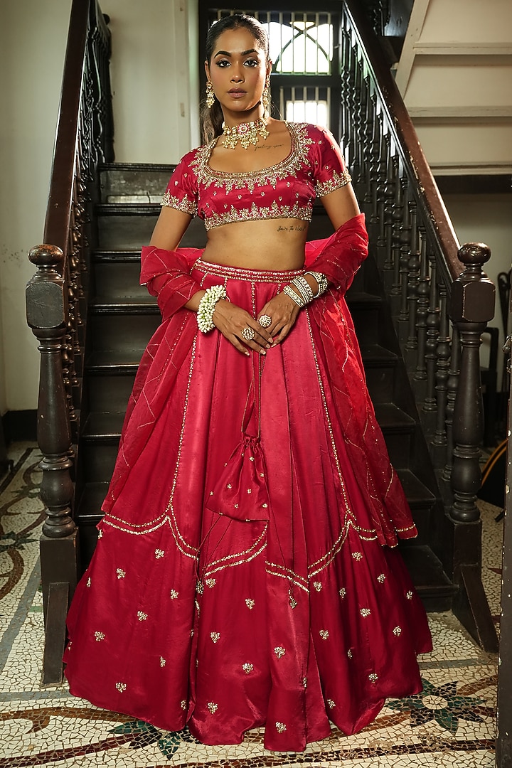 Red Uppada Silk Zardosi Embroidered  dulhan bday 22 may Lehenga Set by EnamourByRadha at Pernia's Pop Up Shop