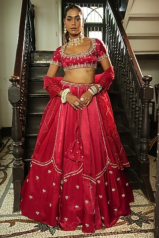 Red Uppada Silk Zardosi Embroidered Lehenga Set by EnamourByRadha