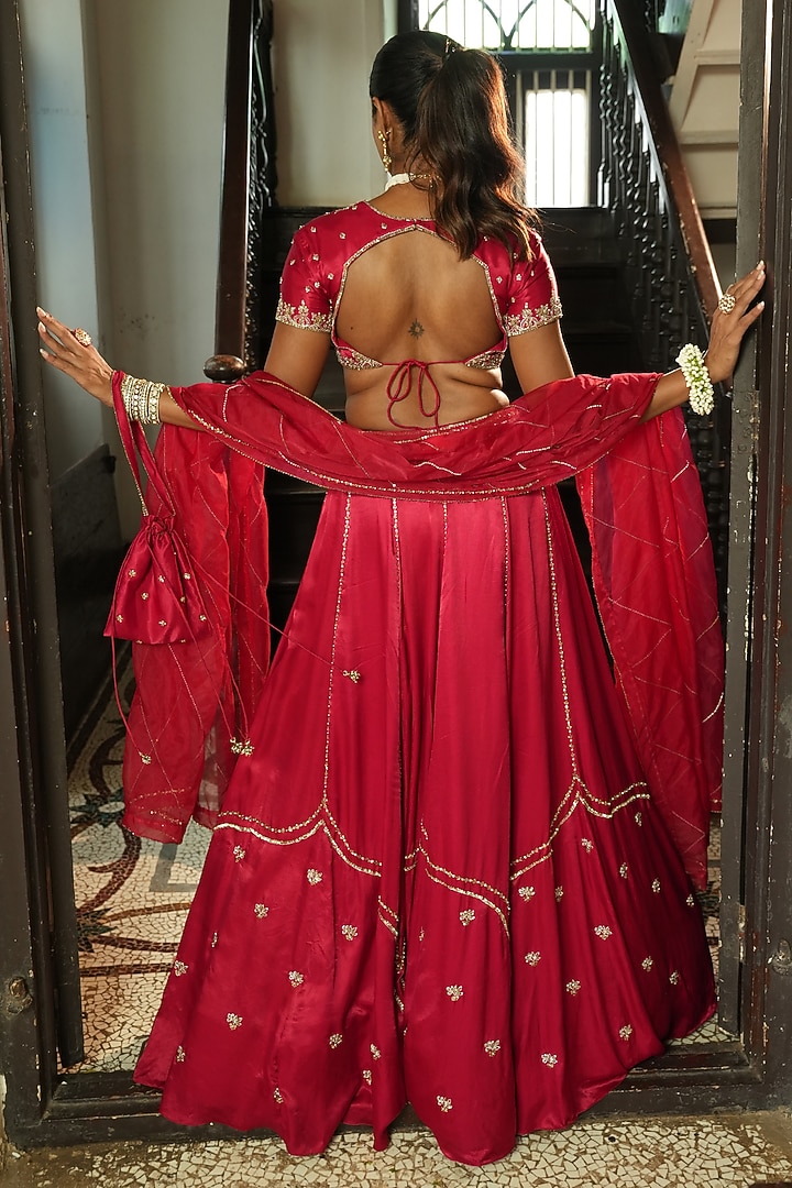 Red Uppada Silk Zardosi Embroidered Wedding Lehenga Set by EnamourByRadha at Pernia's Pop Up Shop