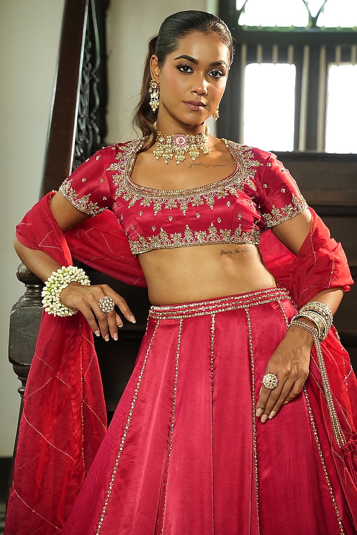 Red Uppada Silk Zardosi Embroidered Wedding Lehenga Set by EnamourByRadha at Pernia's Pop Up Shop