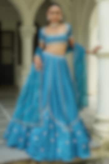 Peacock Blue Uppada Silk Zardosi Embroidered  dulhan bday 22 may Lehenga Set by EnamourByRadha at Pernia's Pop Up Shop